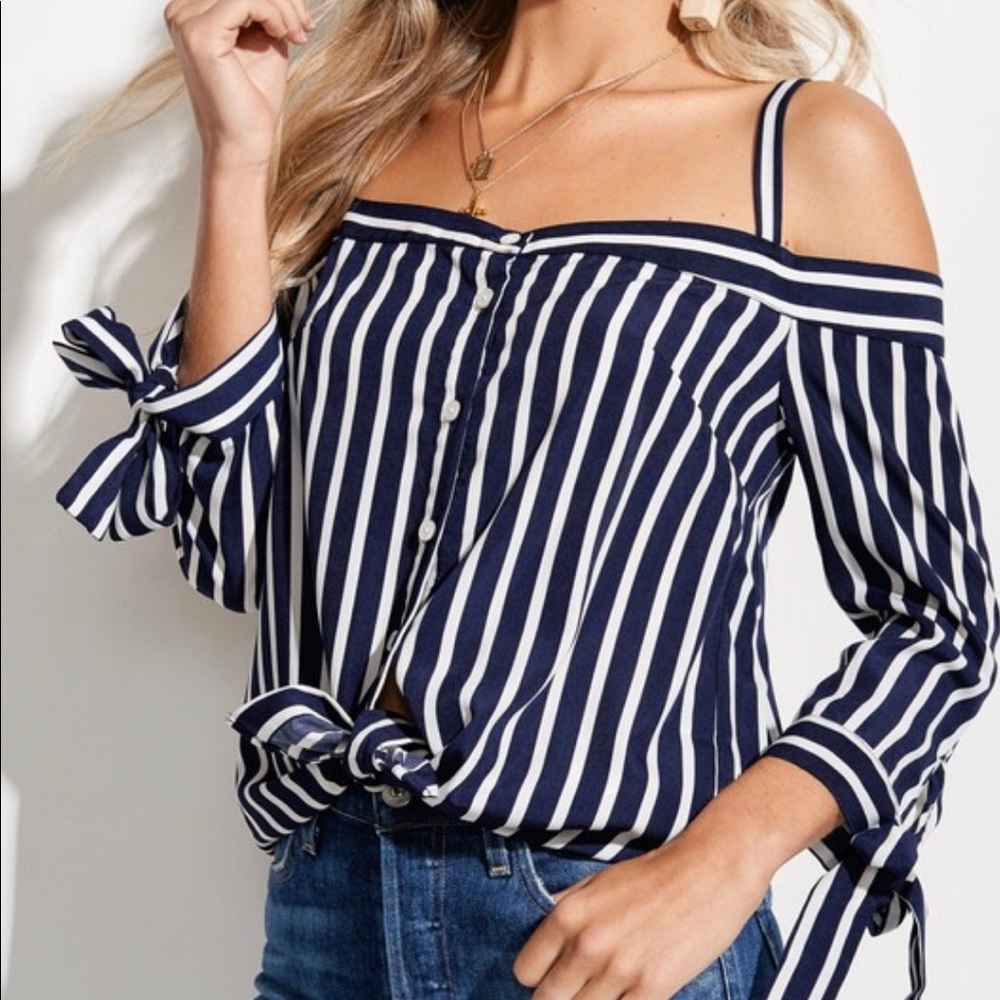 Striped Navy Open Shoulder Top